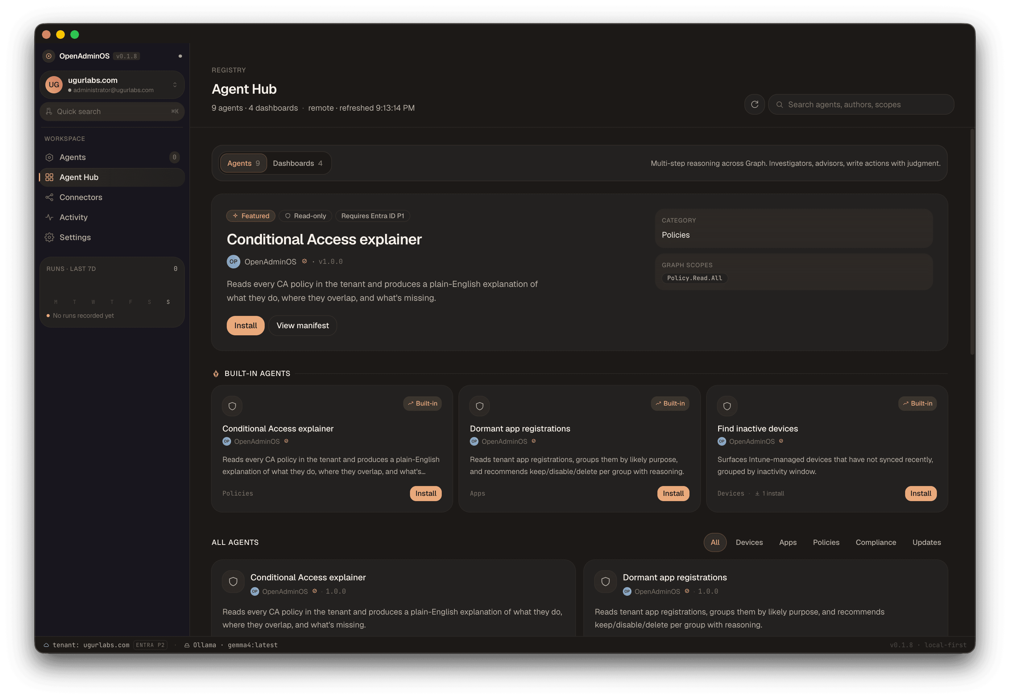OpenAdminOS app showing Microsoft 365 agent runs