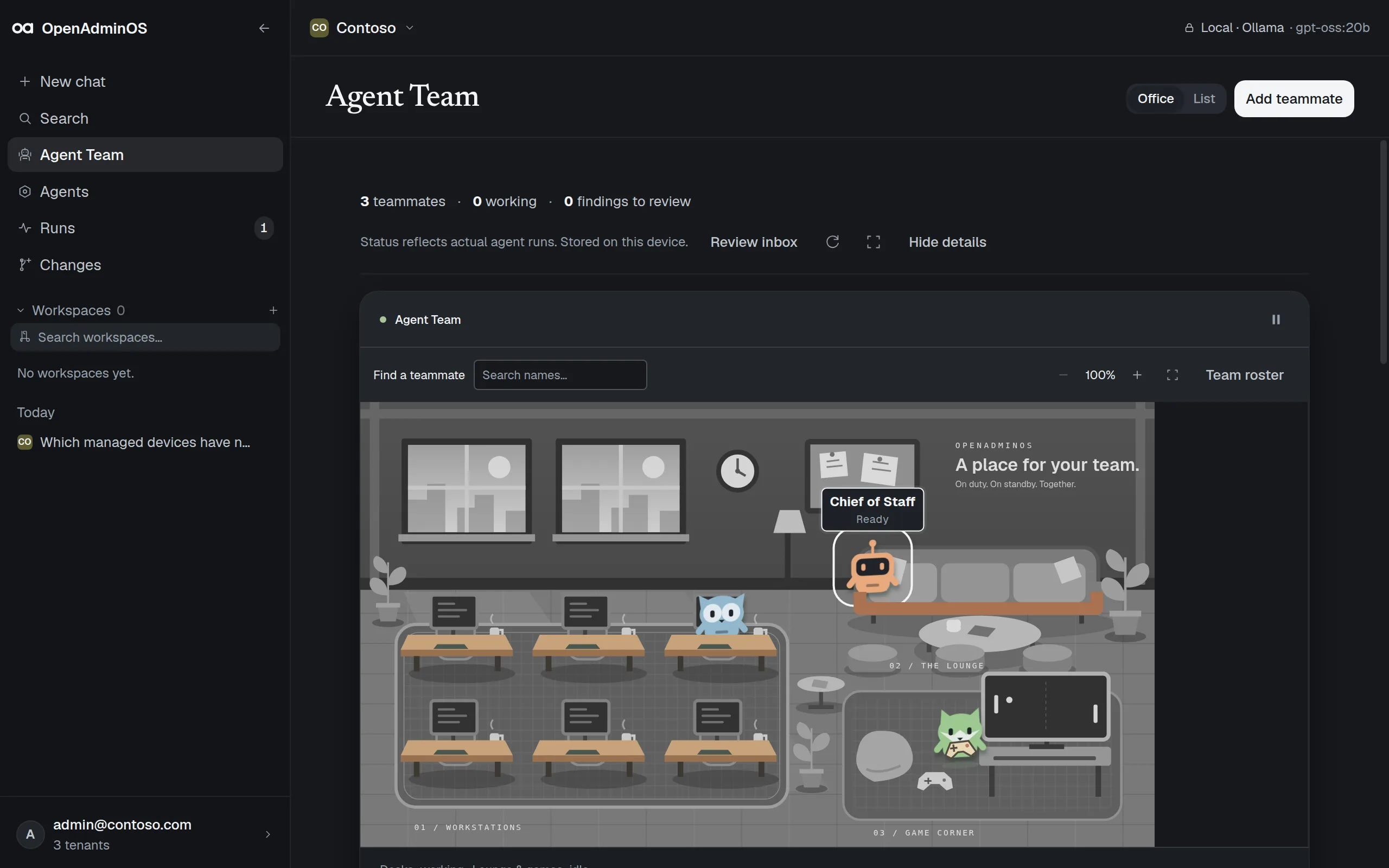 Agent Team page with the office view and assignment history