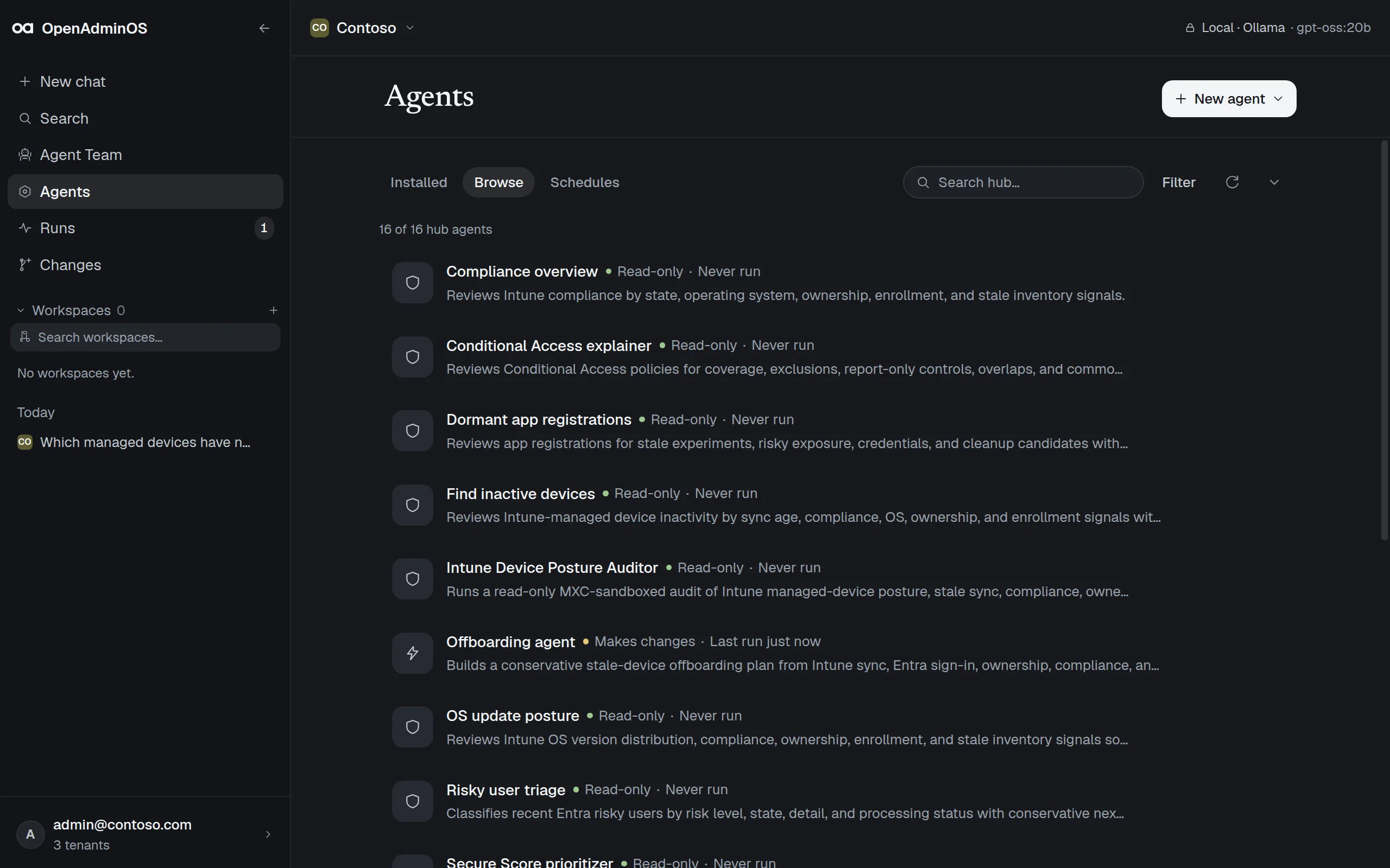 Agents page listing registry agents marked read-only or makes changes